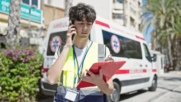 年轻的他的惊慌失措的护士在街上用智能手机与救护车交谈 — 图库视频影像