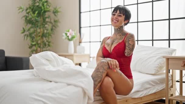 Hispanic Woman Amputee Arm Wearing Lingerie Sitting Bed Smiling Bedroom — Stock Video