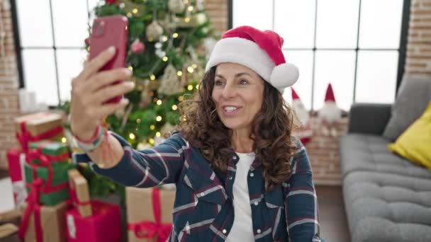 Middle Age Hispanic Woman Having Video Call Celebrating Christmas Home — Stock Video
