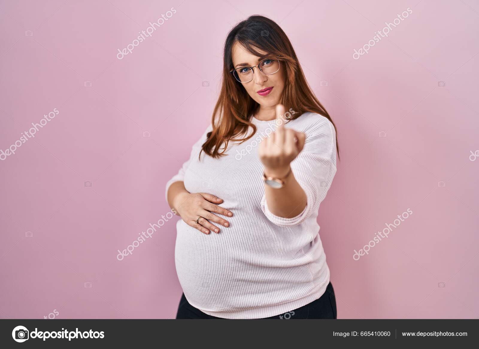 Pregnant Woman Standing Pink Background Showing Middle Finger Impolite Rude  — Stock Photo © Krakenimages.com #665410060