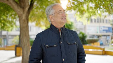 Orta yaşlı, gri saçlı, gülümseyen, kendine güvenen bir adam parka bakıyor.