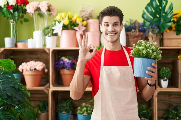 Young Hispanic Man Working Florist Shop Holding Plant Doing Sign — Stock Photo, Image
