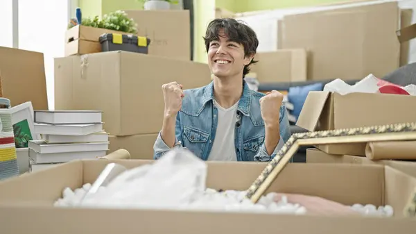Young Hispanic Man Smiling Confident Sitting Floor Winner Expression New — Stock Photo, Image