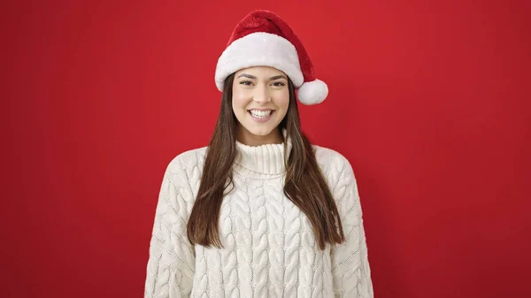 Joven Hermosa Mujer Hispana Sonriendo Confiada Usando Sombrero Navidad Sobre — Foto de Stock
