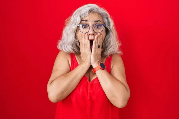 Middle Age Woman Grey Hair Standing Red Background Afraid Shocked — Stock Photo, Image