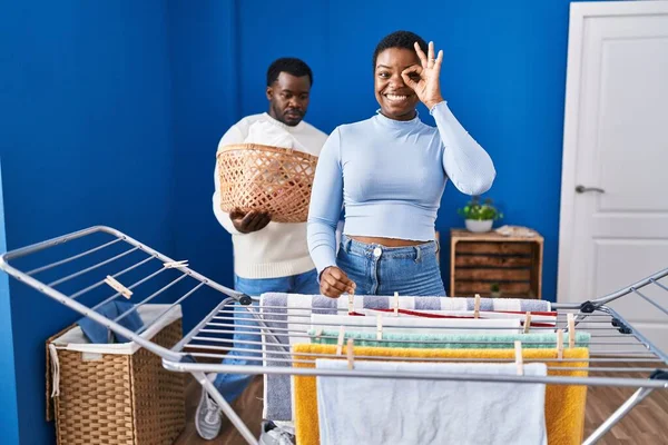 Young African American Couple Hanging Clothes Clothesline Smiling Happy Doing — Stock Photo, Image