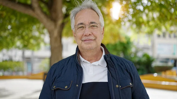 Middle Age Man Grey Hair Standing Serious Expression Park — Stock Photo, Image