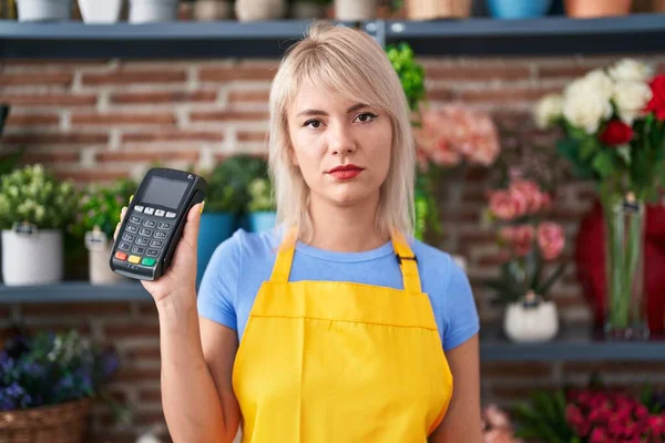Young Caucasian Woman Working Florist Shop Holding Dataphone Thinking Attitude — Stock Photo, Image
