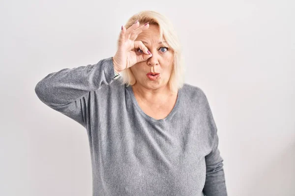 Middle Age Caucasian Woman Standing White Background Doing Gesture Shocked — Stock Photo, Image
