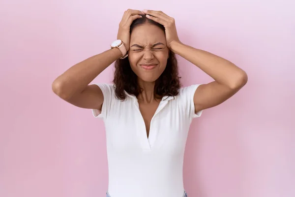 Young Hispanic Woman Wearing Casual White Shirt Suffering Headache Desperate — Stock Photo, Image