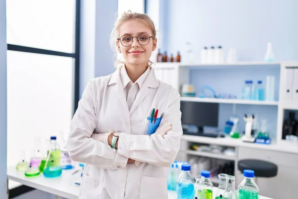 Young Blonde Woman Scientist Smiling Confident Standing Arms Crossed Gesture — Foto de Stock