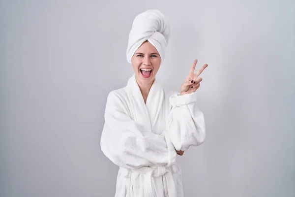 Blonde Caucasian Woman Wearing Bathrobe Smiling Happy Face Winking Camera — Stock Photo, Image