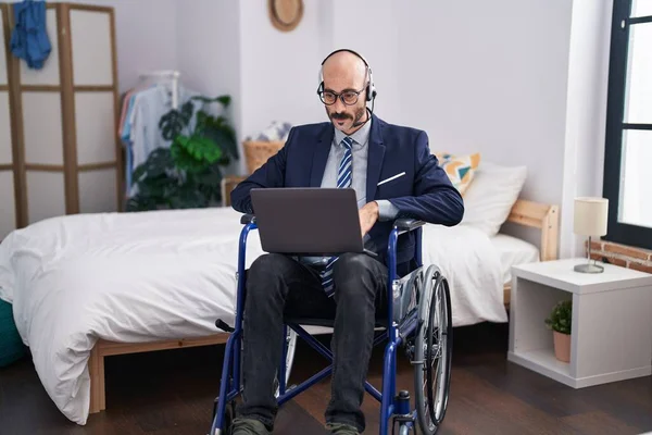 Hispanic Man Beard Sitting Wheelchair Doing Business Video Call Thinking — Stock Photo, Image