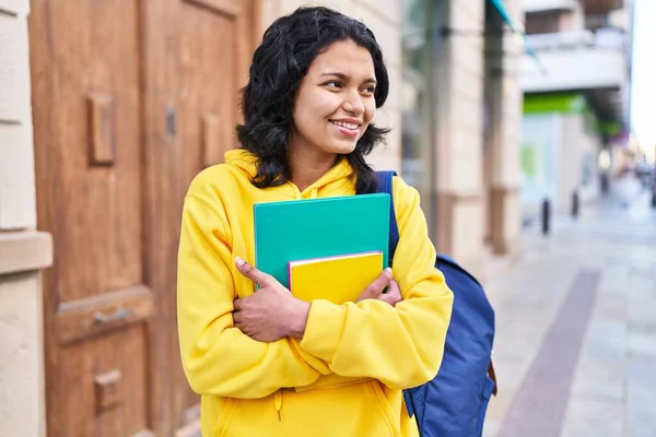 Young Latin Woman Student Smiling Confident Holding Books Street — Foto Stock
