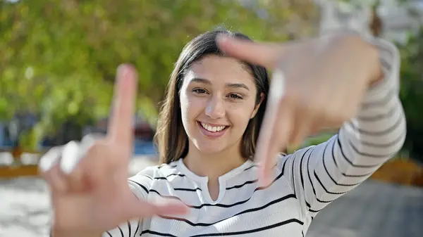 Young Beautiful Hispanic Woman Smiling Confident Doing Frame Gesture Hands — Stock Photo, Image