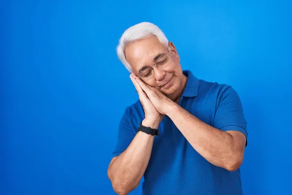 Middle Age Man Grey Hair Standing Blue Background Sleeping Tired — 图库照片