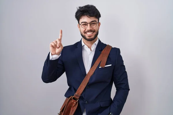 Hispanic Man Beard Wearing Business Clothes Showing Pointing Finger Number — Stock Photo, Image