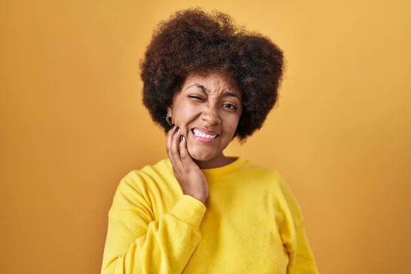 Young African American Woman Standing Yellow Background Touching Mouth Hand — Fotografia de Stock