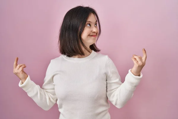 Woman Syndrome Standing Pink Background Showing Middle Finger Doing Fuck — Foto Stock
