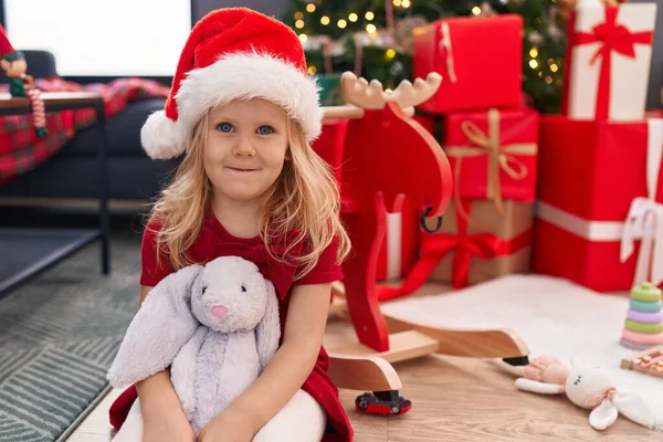 Adorable Blonde Girl Smiling Confident Sitting Floor Christmas Tree Home — Stock Photo, Image