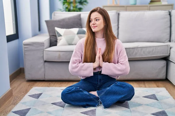 Young Caucasian Woman Doing Yoga Exercise Sitting Floor Home — Stockfoto