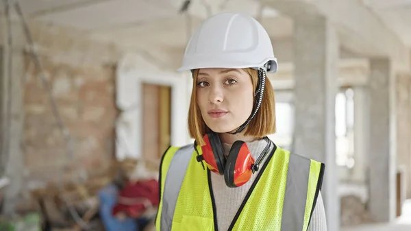 Young Blonde Woman Architect Standing Relaxed Expression Construction Site — Stock Photo, Image