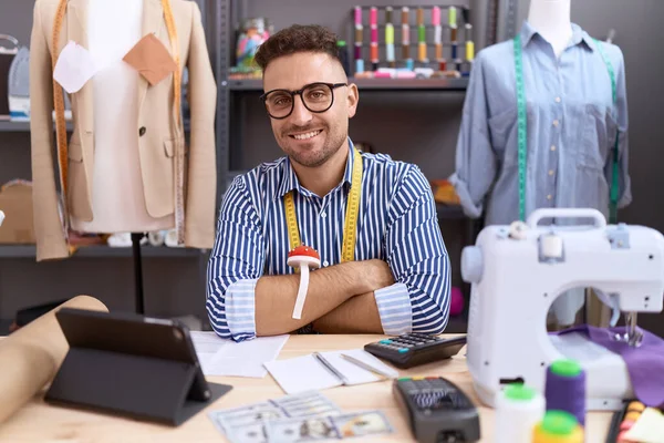 Hispanic Man Beard Dressmaker Designer Working Atelier Happy Face Smiling — Stock Photo, Image