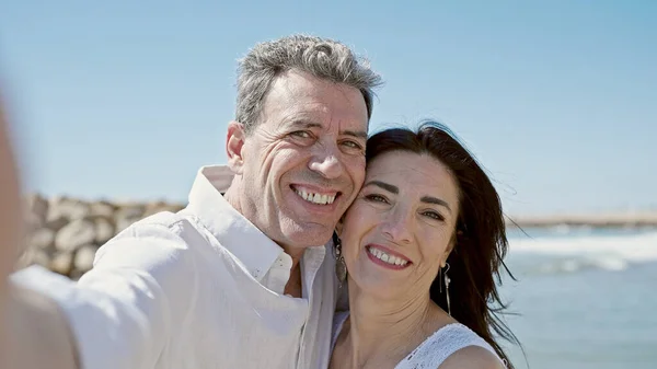 Senior Man Woman Couple Smiling Confident Make Selfie Camera Seaside — Stock Photo, Image