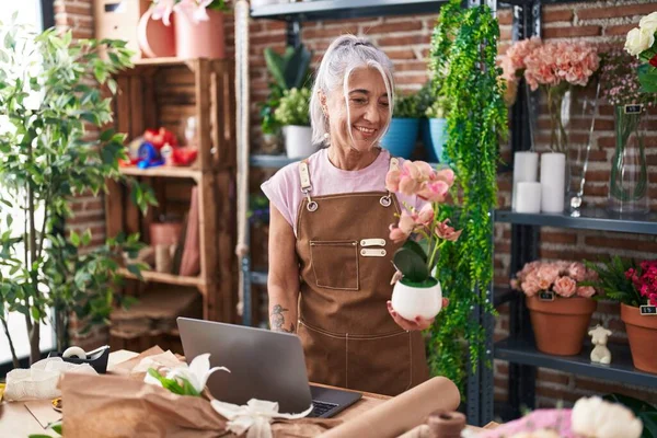 Middle Age Grey Haired Woman Florist Using Laptop Holding Plant — Photo