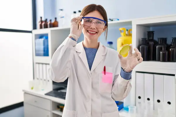Young Blonde Woman Scientist Holding Sample Smiling Laboratory — Stock Photo, Image