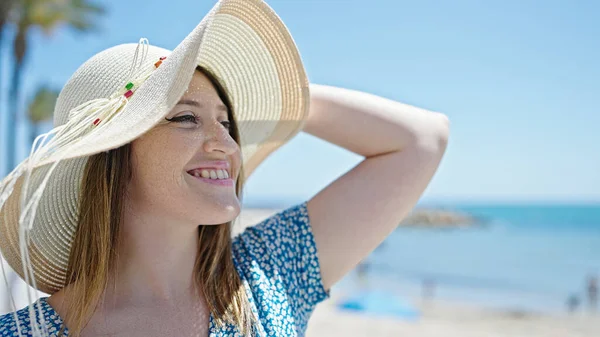 Young Blonde Woman Tourist Smiling Confident Standing Seaside — Stock Fotó