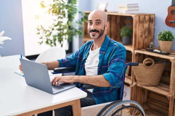 Young Hispanic Man Sitting Wheelchair Studying Home — Stock Photo, Image