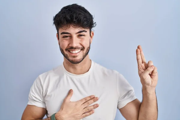 Hispanic Man Beard Standing White Background Smiling Swearing Hand Chest — Stock Photo, Image