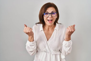 Middle age hispanic woman standing over isolated background celebrating surprised and amazed for success with arms raised and open eyes. winner concept. 