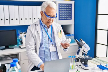 Üst düzey bilim adamı laboratuvarda dizüstü bilgisayar kullanıyor.