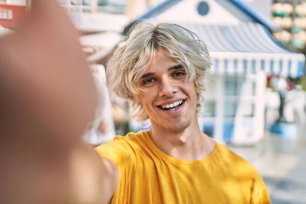 Young Blond Man Smiling Confident Making Selfie Camera Street — Photo