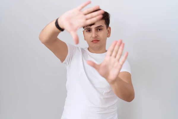 Young Non Binary Man Wearing Casual White Shirt Doing Frame — Stock Photo, Image