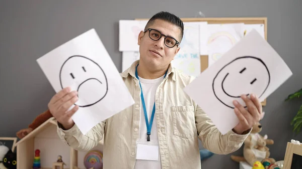 Young Hispanic Man Working Teacher Having Emotion Therapy Kindergarten — Stockfoto
