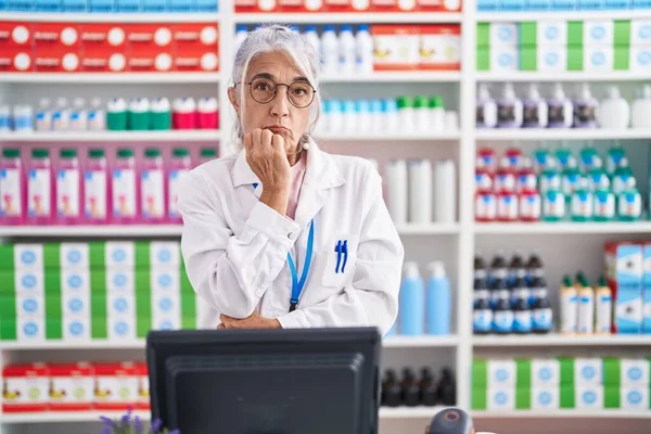 Middle Age Woman Tattoos Working Pharmacy Drugstore Looking Stressed Nervous — Stock Photo, Image