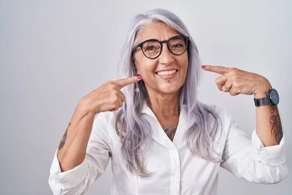 Middle Age Woman Tattoos Wearing Glasses Standing White Background Smiling — Stock Photo, Image