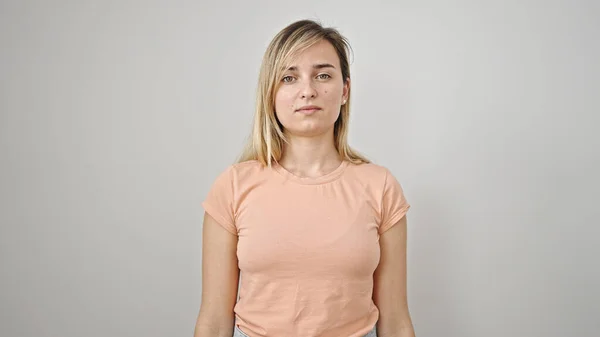 Young Blonde Woman Standing Serious Expression Isolated White Background — Fotografia de Stock