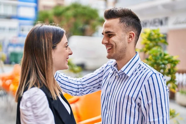 Man Woman Couple Smiling Confident Standing Together Street — Stok fotoğraf