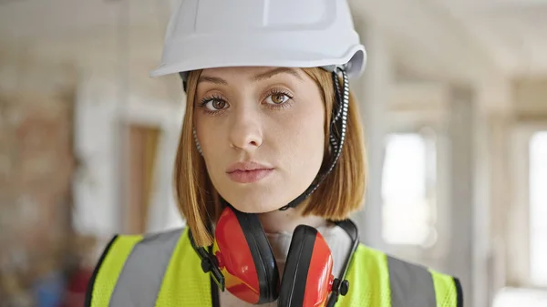Young Blonde Woman Architect Standing Relaxed Expression Construction Site — Stock Photo, Image