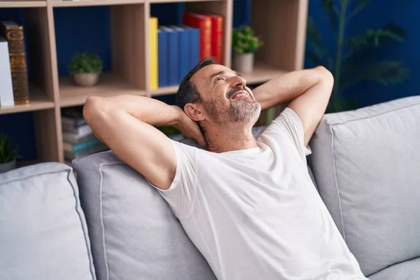 Middle Age Man Relaxed Hands Head Sitting Sofa Home — Foto de Stock