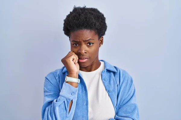 African American Woman Standing Blue Background Looking Stressed Nervous Hands — Stok fotoğraf