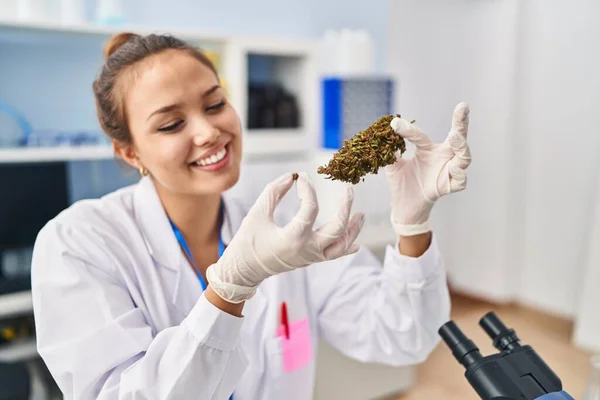 Young Beautiful Hispanic Woman Scientist Smiling Confident Holding Marijuana Laboratory — Stock Photo, Image