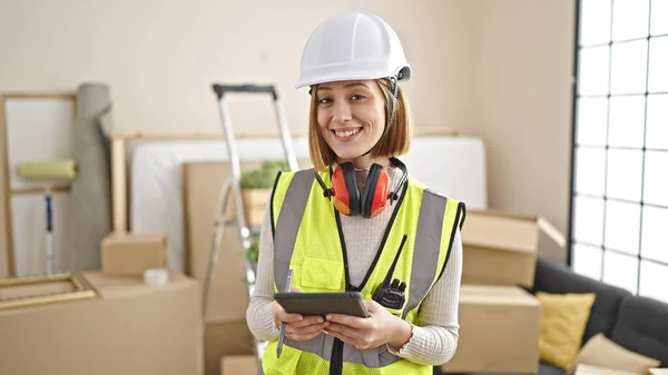Young Blonde Woman Architect Smiling Confident Using Touchpad New Home — Stock Photo, Image