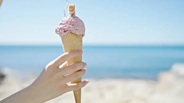 Young Chinese Woman Holding Ice Cream Cone Seaside — Stock Photo, Image