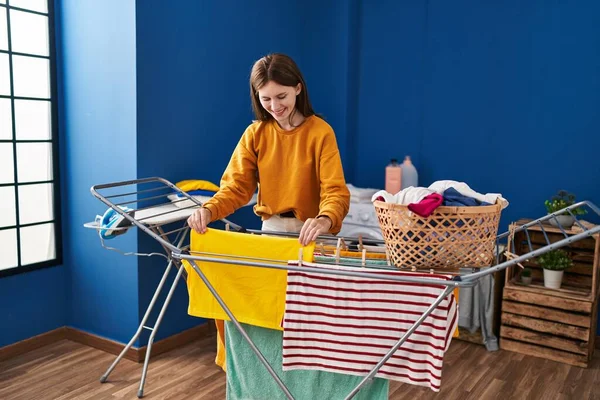 Young Blonde Woman Smiling Confident Hanging Clothes Clothesline Laundry Room — Stock Photo, Image