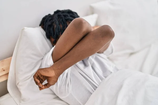 African American Man Lying Bed Crying Bedroom — Stock Photo, Image